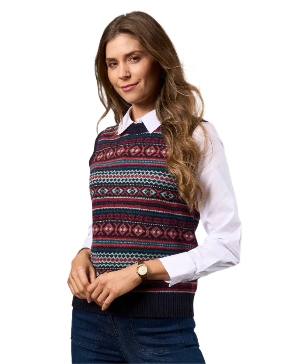 Navy coloured Alan Paine Ladies Amelia Fairisle Crew Neck Jumper on white background 