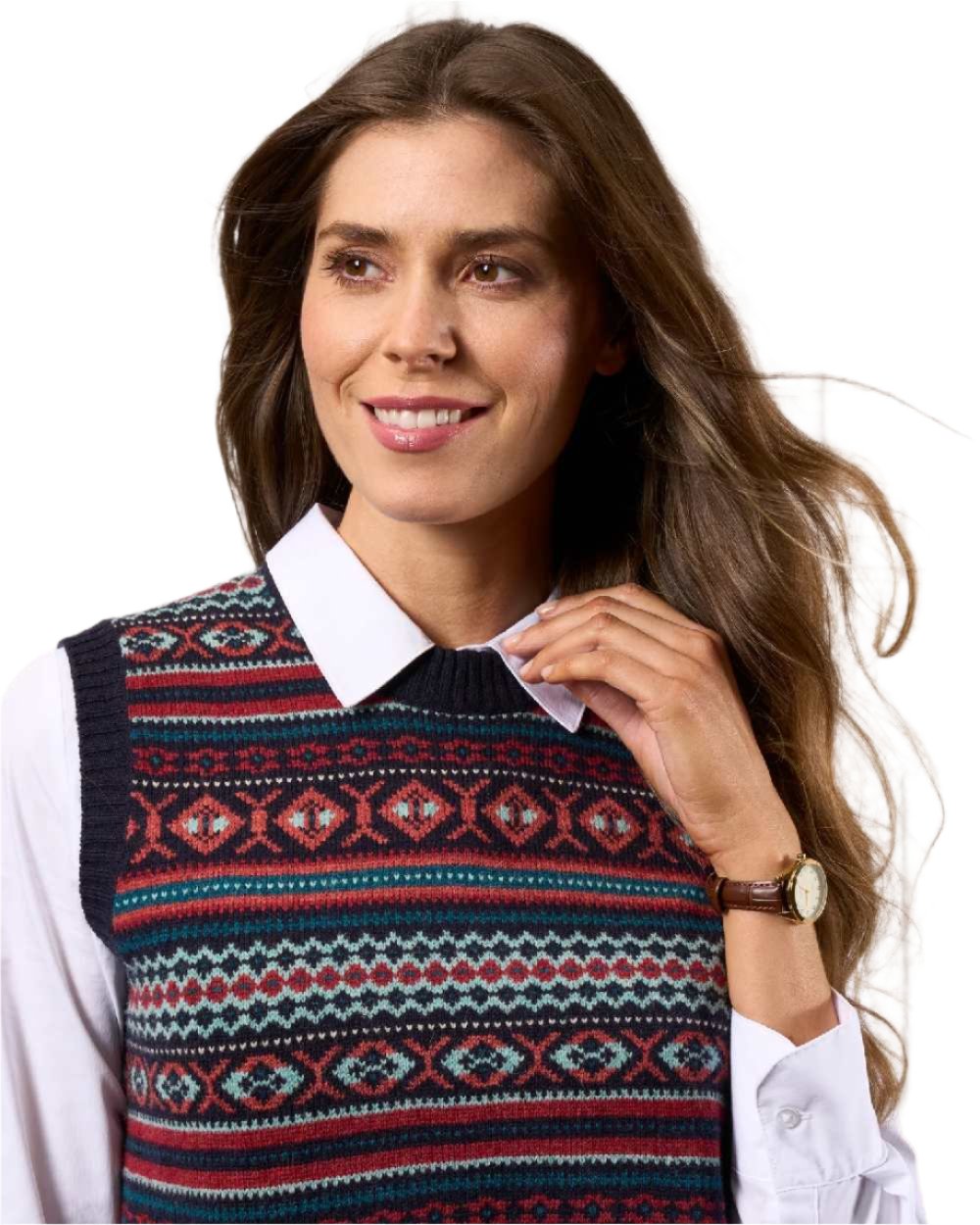 Navy coloured Alan Paine Ladies Amelia Fairisle Crew Neck Jumper on white background 