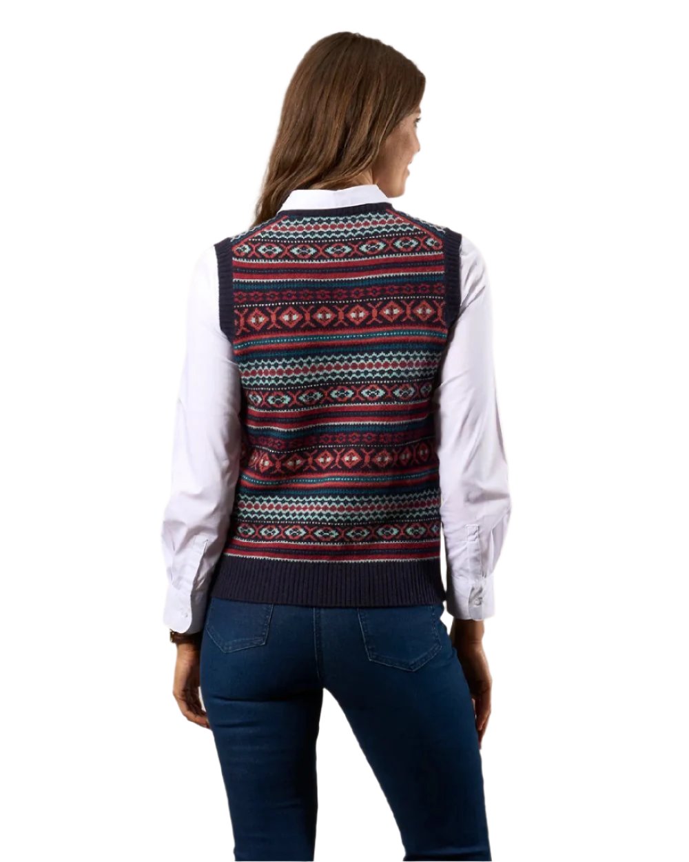 Navy coloured Alan Paine Ladies Amelia Fairisle Crew Neck Jumper on white background 