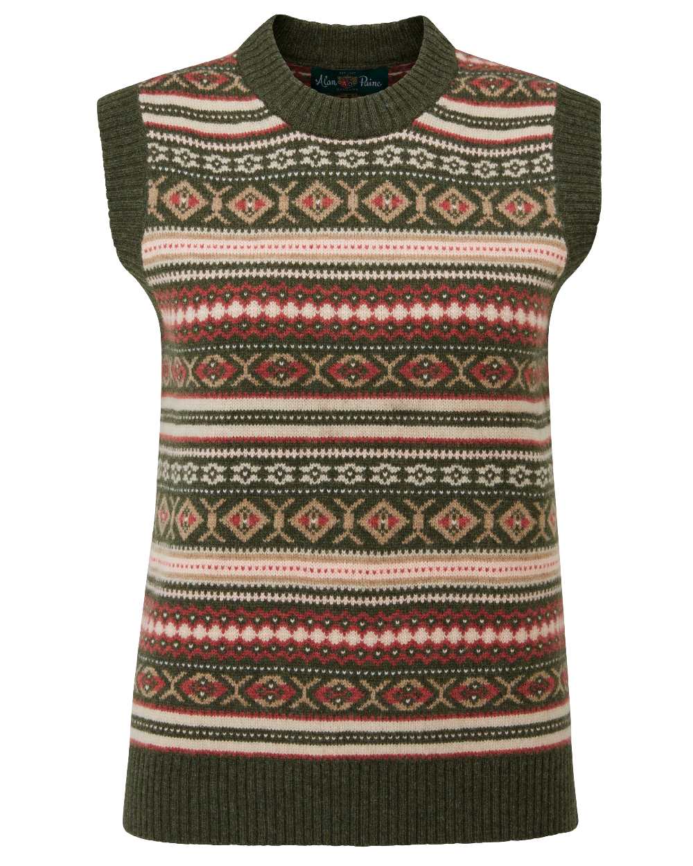 Thyme coloured Alan Paine Ladies Amelia Fairisle Crew Neck Jumper on white background 