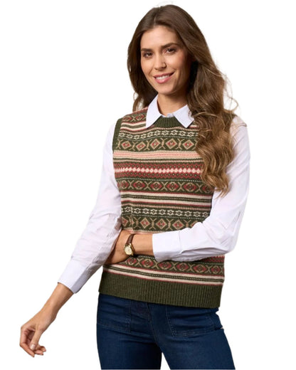 Thyme coloured Alan Paine Ladies Amelia Fairisle Crew Neck Jumper on white background 