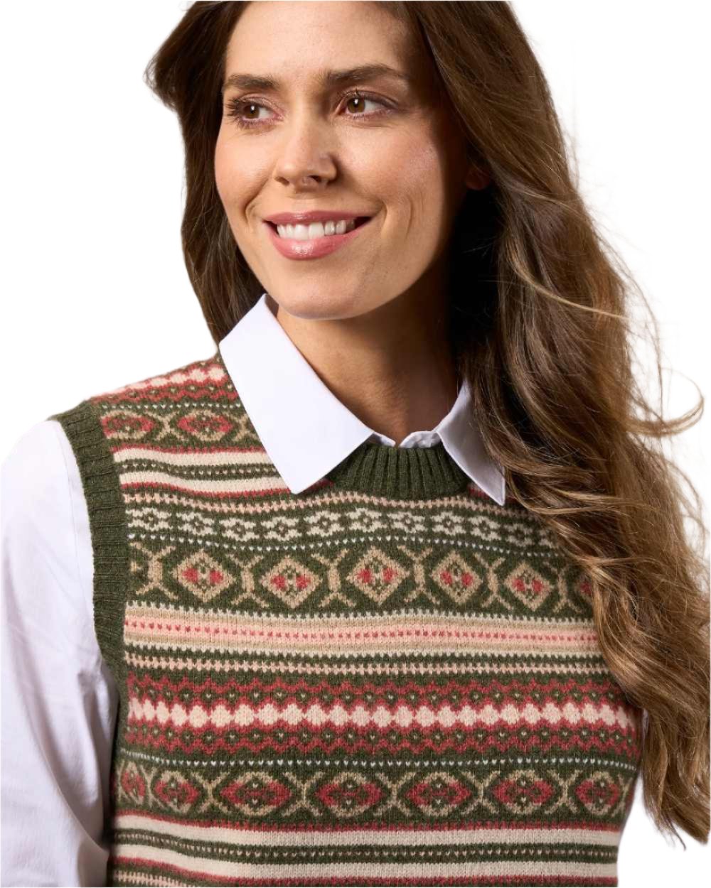 Thyme coloured Alan Paine Ladies Amelia Fairisle Crew Neck Jumper on white background 