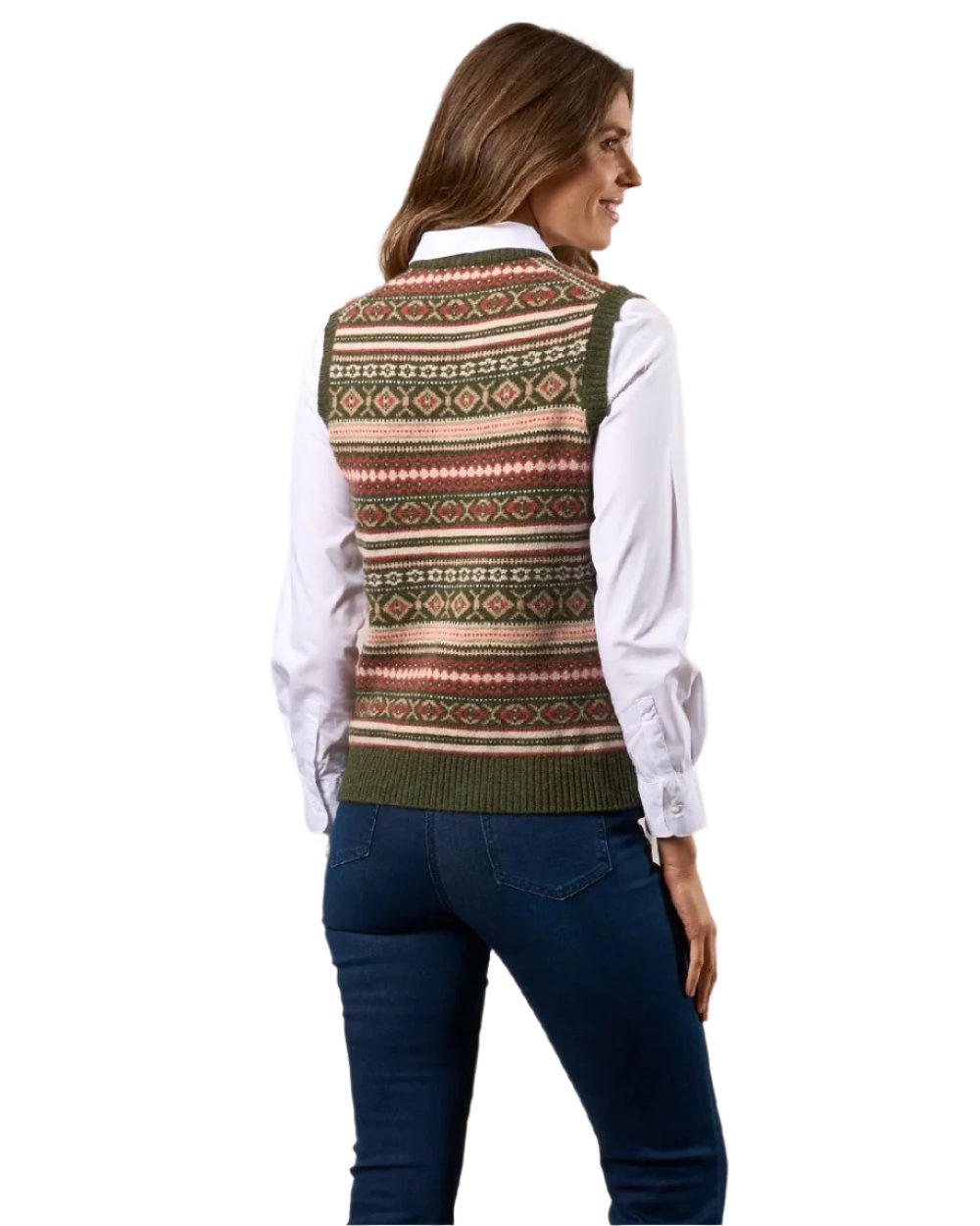 Thyme coloured Alan Paine Ladies Amelia Fairisle Crew Neck Jumper on white background 