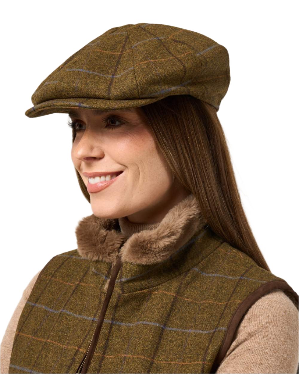 Hazel coloured Alan Paine Ladies Combrook Tweed Cap on white background 