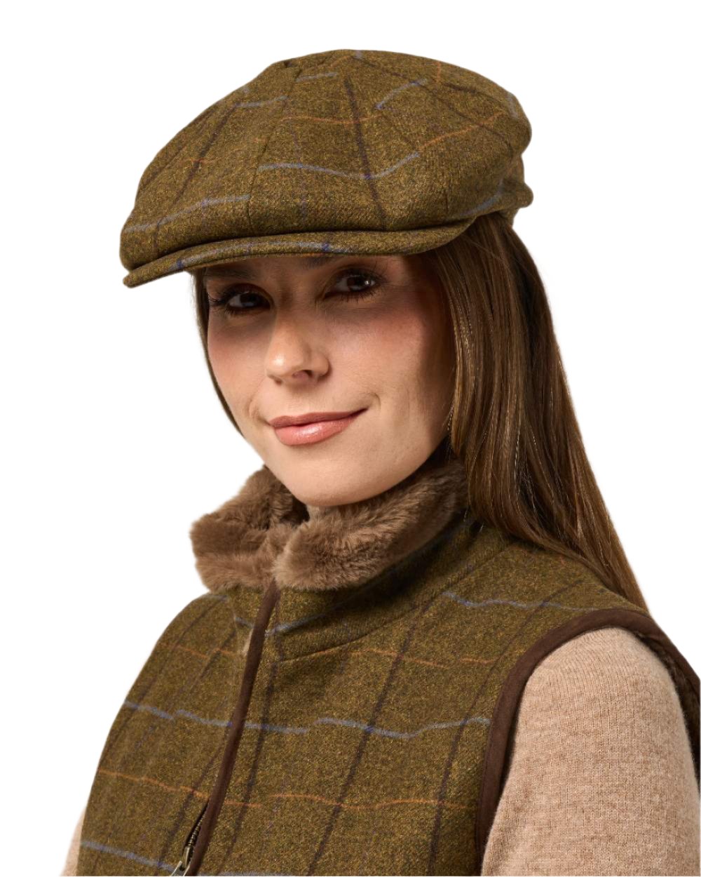 Hazel coloured Alan Paine Ladies Combrook Tweed Cap on white background 