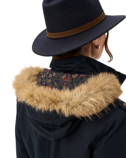 Dark Navy coloured Alan Paine Ladies Dunswell Waterproof Long Coat on white background 