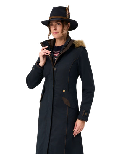 Dark Navy coloured Alan Paine Ladies Dunswell Waterproof Long Coat on white background 