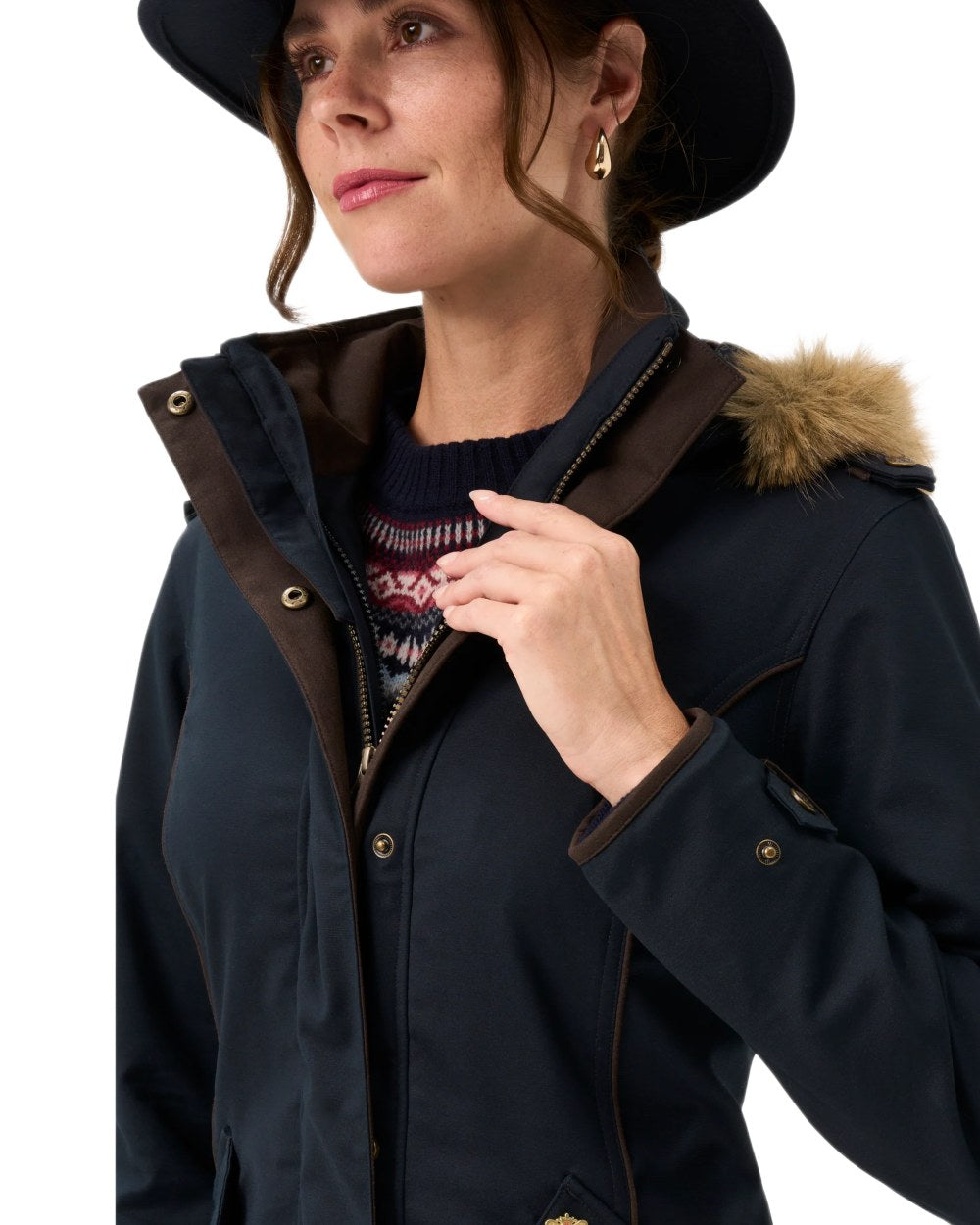 Dark Navy coloured Alan Paine Ladies Dunswell Waterproof Long Coat on white background 