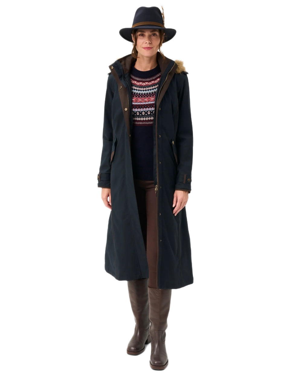 Dark Navy coloured Alan Paine Ladies Dunswell Waterproof Long Coat on white background 