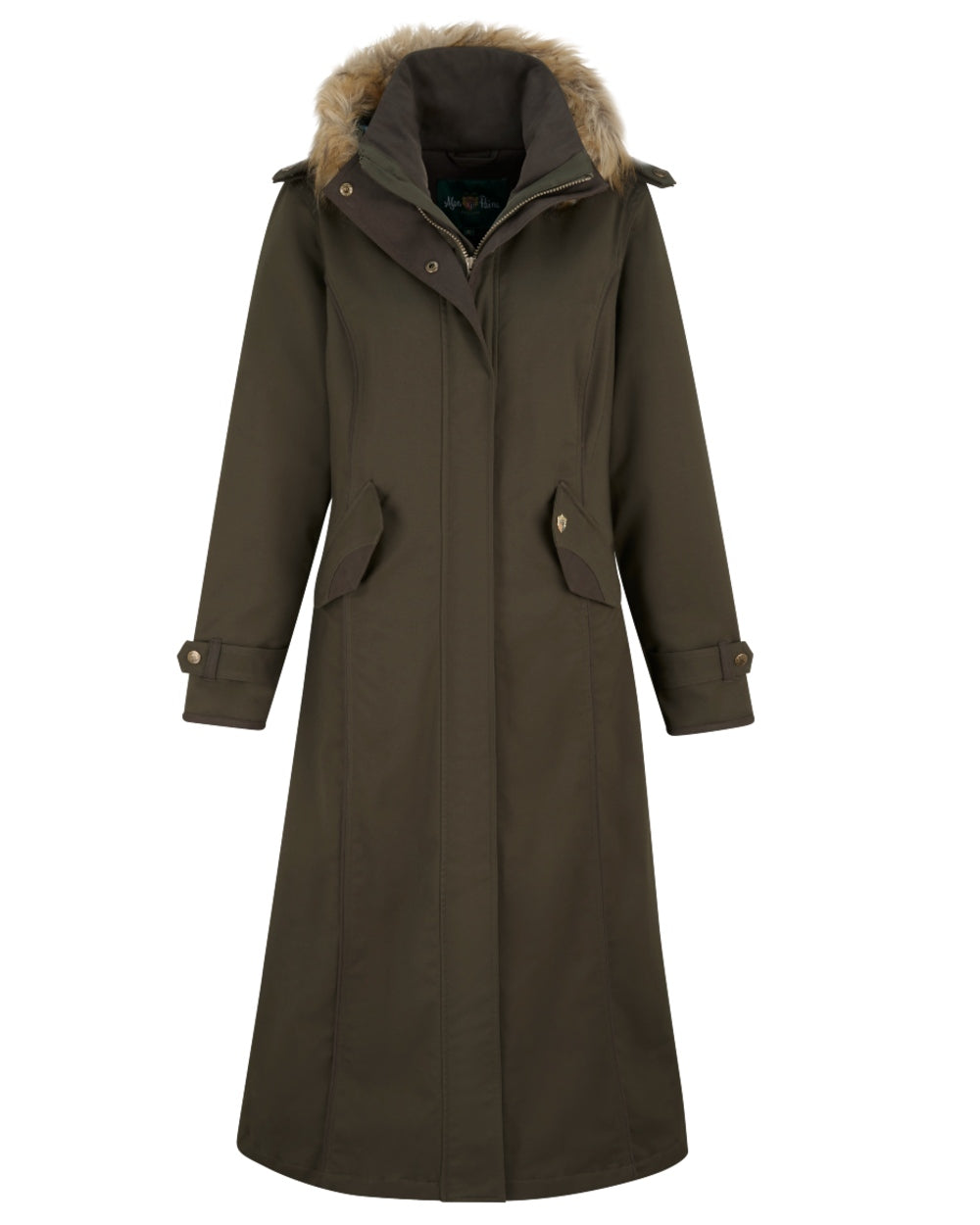 Olive coloured Alan Paine Ladies Dunswell Waterproof Long Coat on white background 
