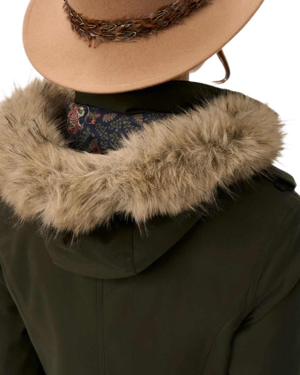 Olive coloured Alan Paine Ladies Dunswell Waterproof Long Coat on white background 