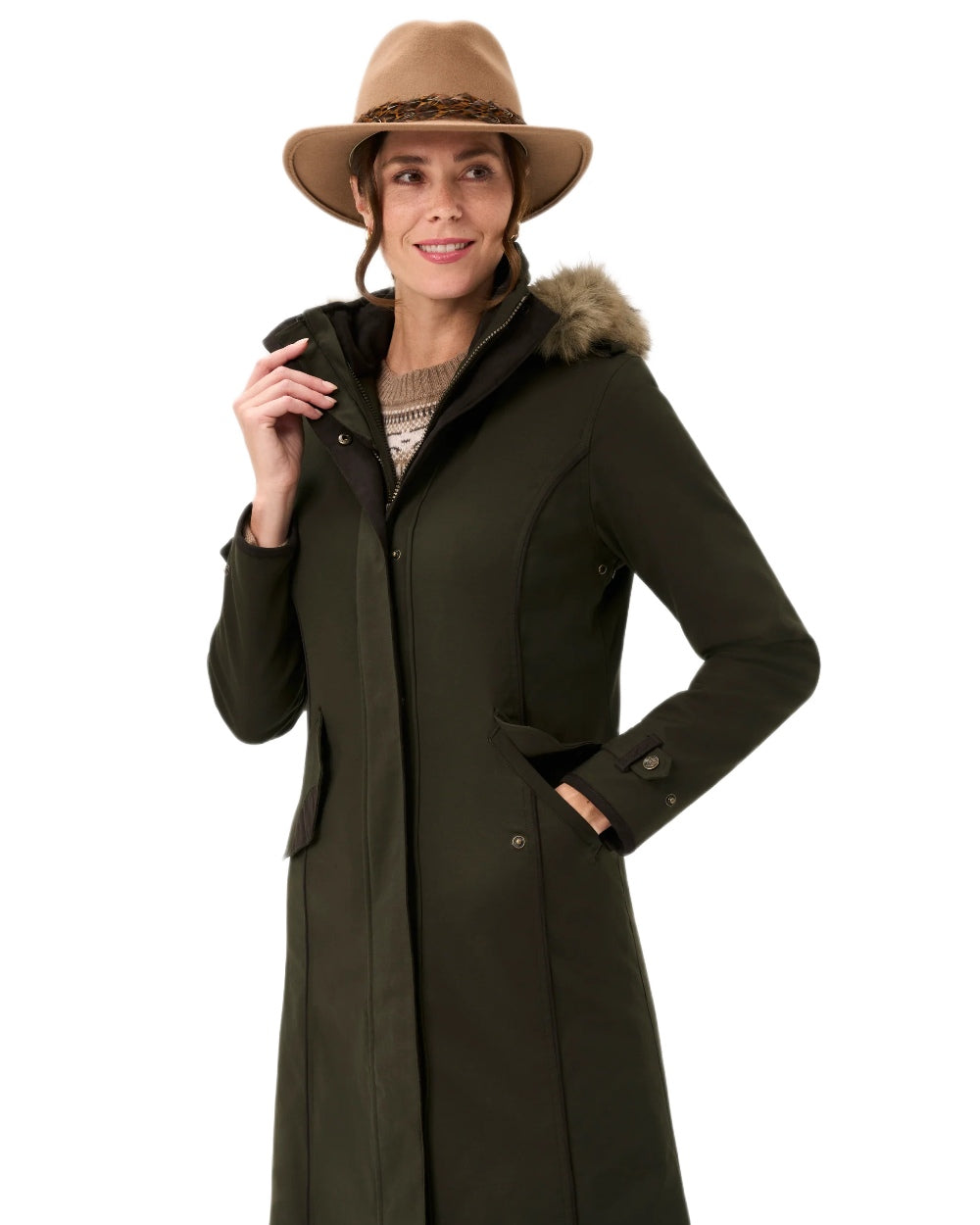 Olive coloured Alan Paine Ladies Dunswell Waterproof Long Coat on white background 