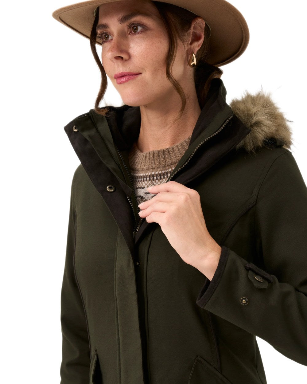 Olive coloured Alan Paine Ladies Dunswell Waterproof Long Coat on white background 