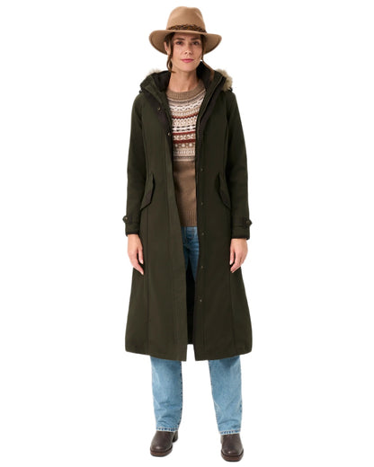 Olive coloured Alan Paine Ladies Dunswell Waterproof Long Coat on white background 