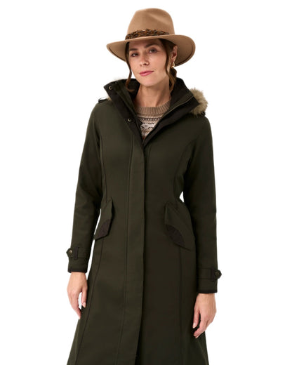 Olive coloured Alan Paine Ladies Dunswell Waterproof Long Coat on white background 