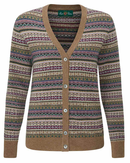 Pecan coloured Alan Paine Ladies Evelyn Vee Fairisle Cardigan on white background 