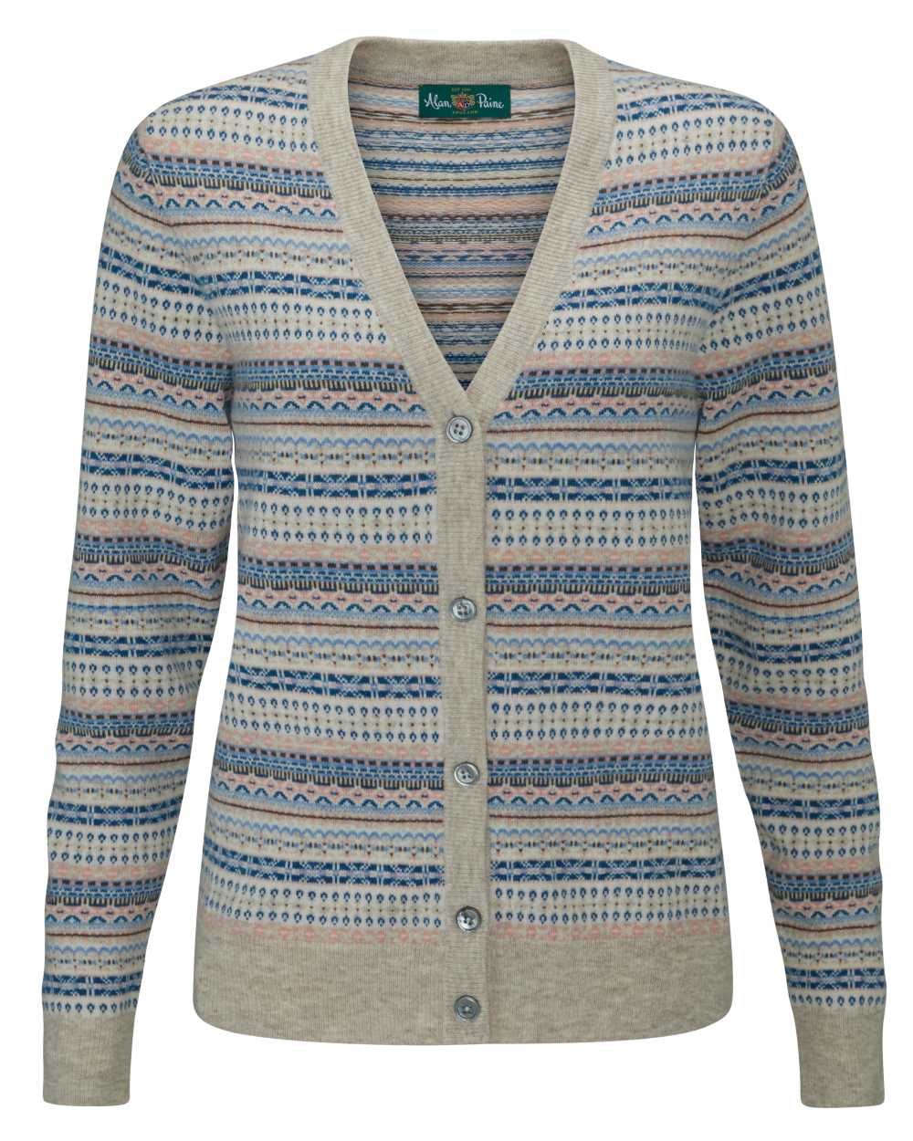Porridge Blue coloured Alan Paine Ladies Evelyn Vee Fairisle Cardigan on white background 