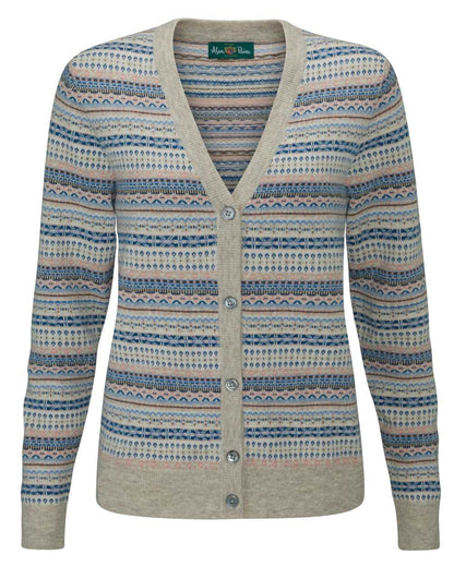 Porridge Blue coloured Alan Paine Ladies Evelyn Vee Fairisle Cardigan on white background 