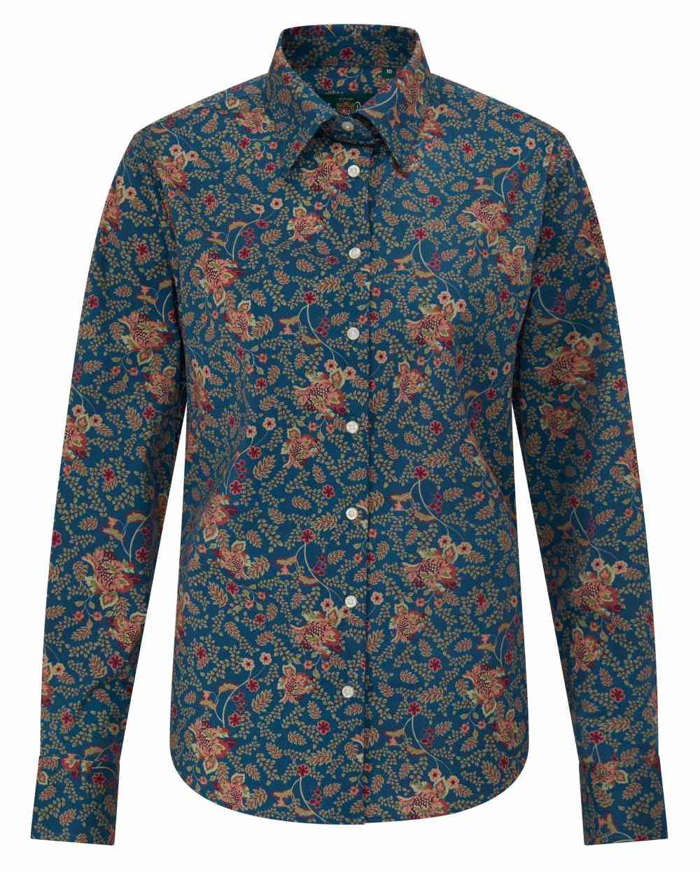 Blue Floral coloured Alan Paine Ladies Lawen Printed Shirt on white background 