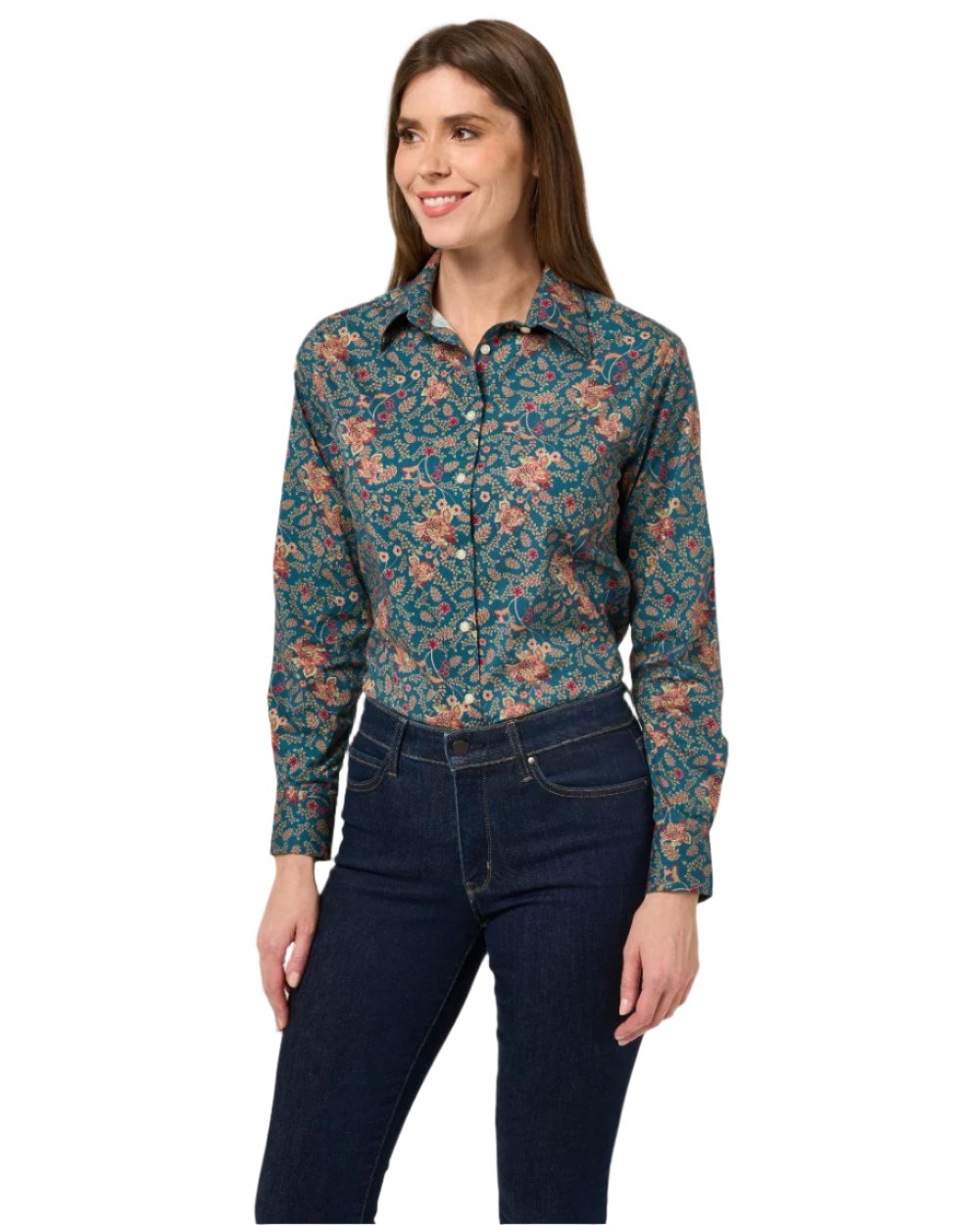 Blue Floral coloured Alan Paine Ladies Lawen Printed Shirt on white background 