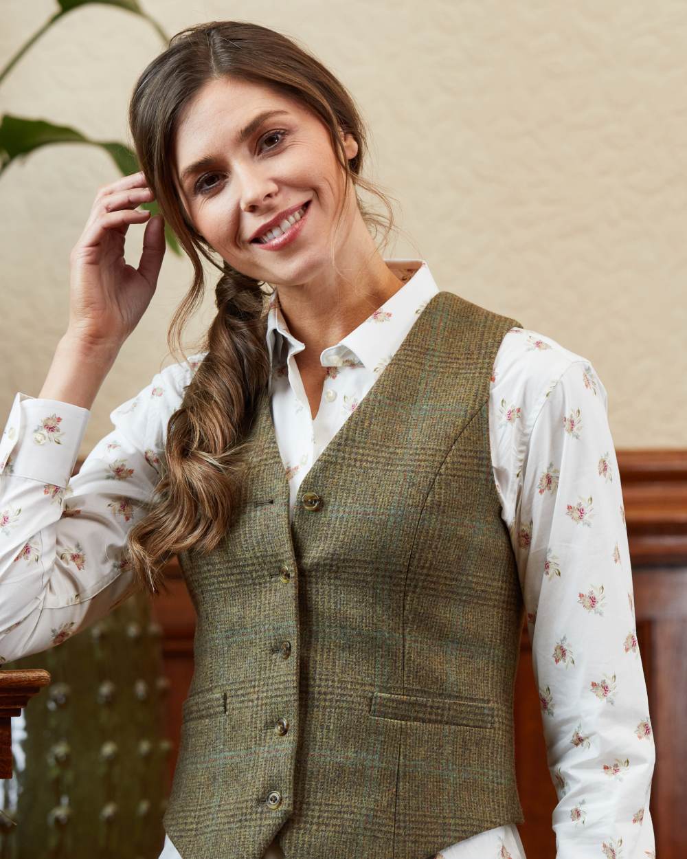 Floral Print coloured Alan Paine Ladies Lawen Printed Shirt on wall background 