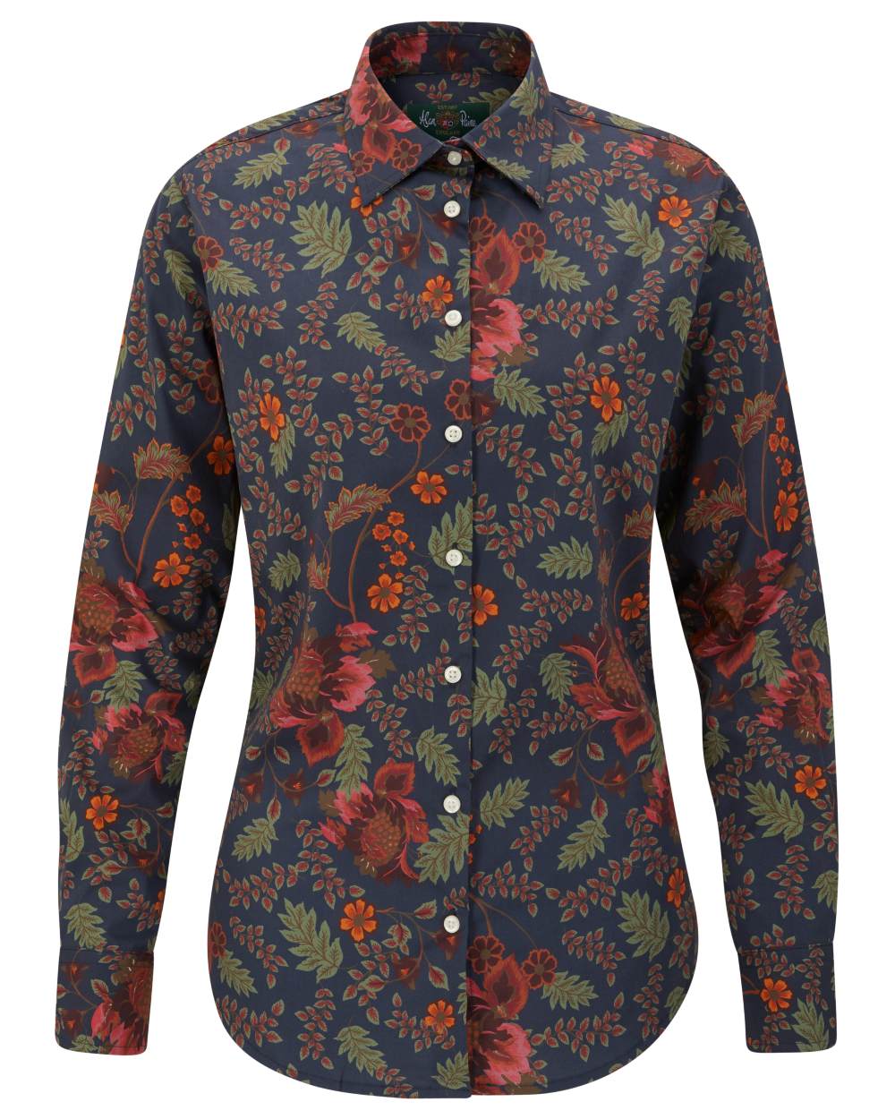Navy Floral Print coloured Alan Paine Ladies Lawen Printed Shirt on white background 