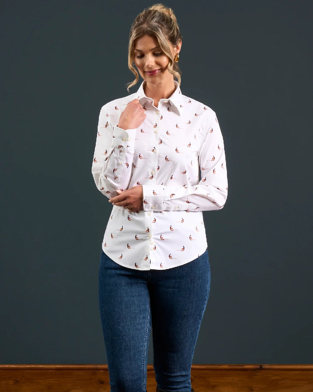 Pheasant Coloured Alan Paine Ladies Lawen Printed Shirt on white background 