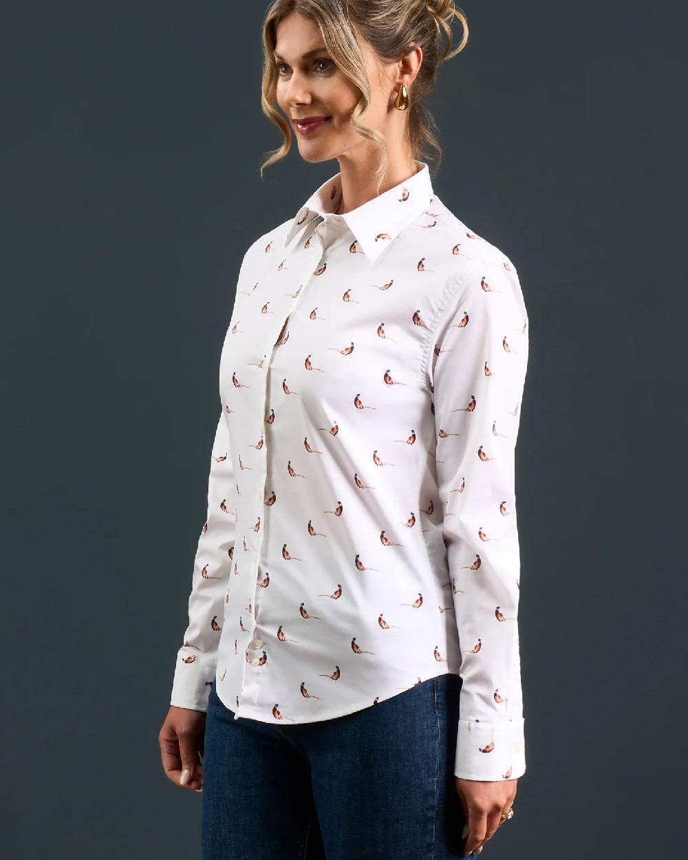 Pheasant coloured Alan Paine Ladies Lawen Printed Shirt on indoor background 