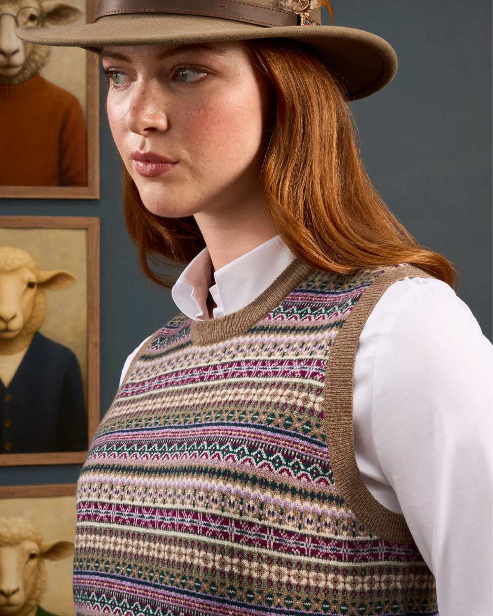 Pecan coloured Alan Paine Ladies Mae Fairisle Crew Tank Jumper on grey background 