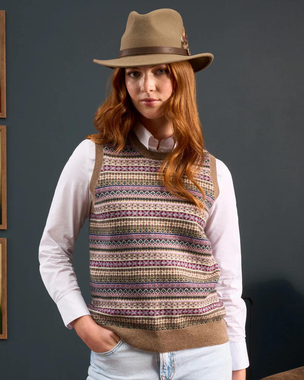 Pecan coloured Alan Paine Ladies Mae Fairisle Crew Tank Jumper on grey background 
