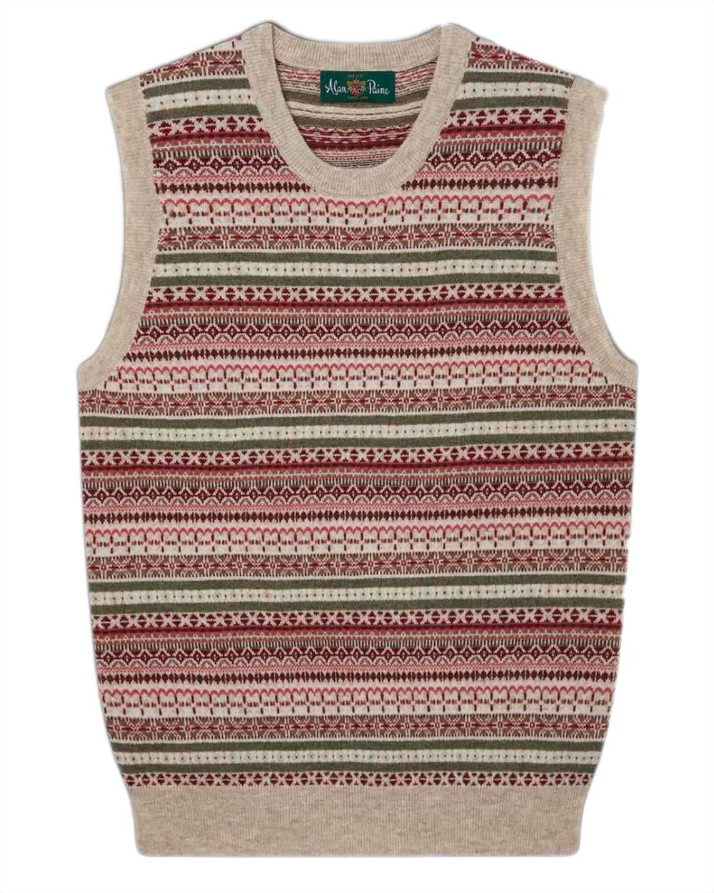 Porridge Red coloured Alan Paine Ladies Mae Fairisle Crew Tank Jumper on white background 