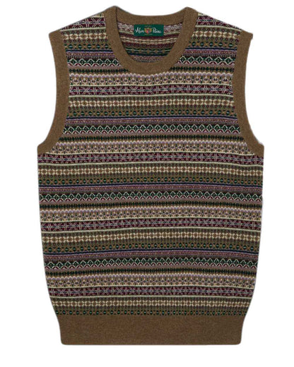 Pecan coloured Alan Paine Ladies Mae Fairisle Crew Tank Jumper on white background 