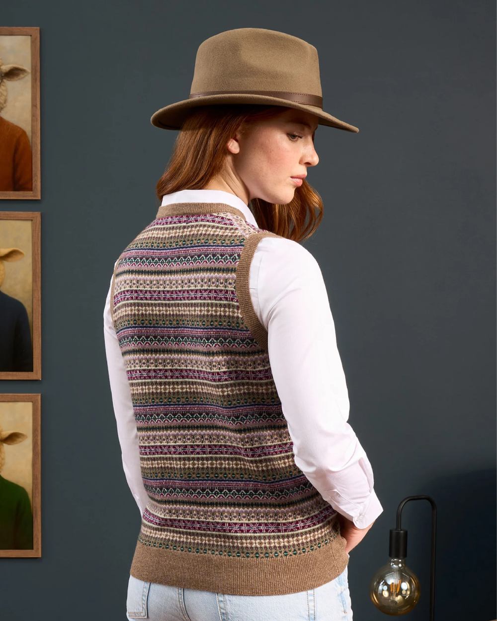Pecan coloured Alan Paine Ladies Mae Fairisle Crew Tank Jumper on grey background 