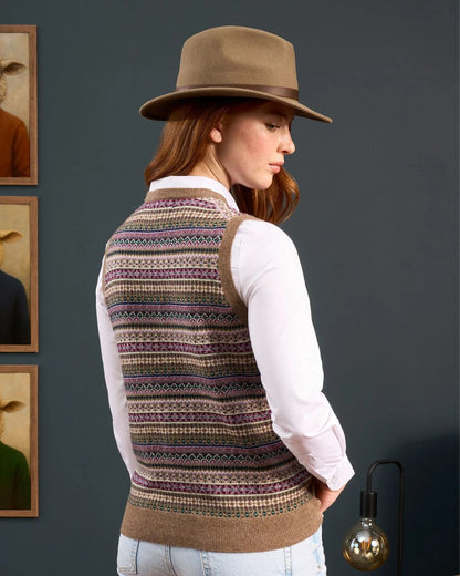 Pecan coloured Alan Paine Ladies Mae Fairisle Crew Tank Jumper on grey background 