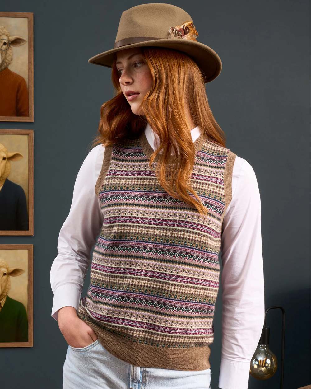 Pecan coloured Alan Paine Ladies Mae Fairisle Crew Tank Jumper on grey background 
