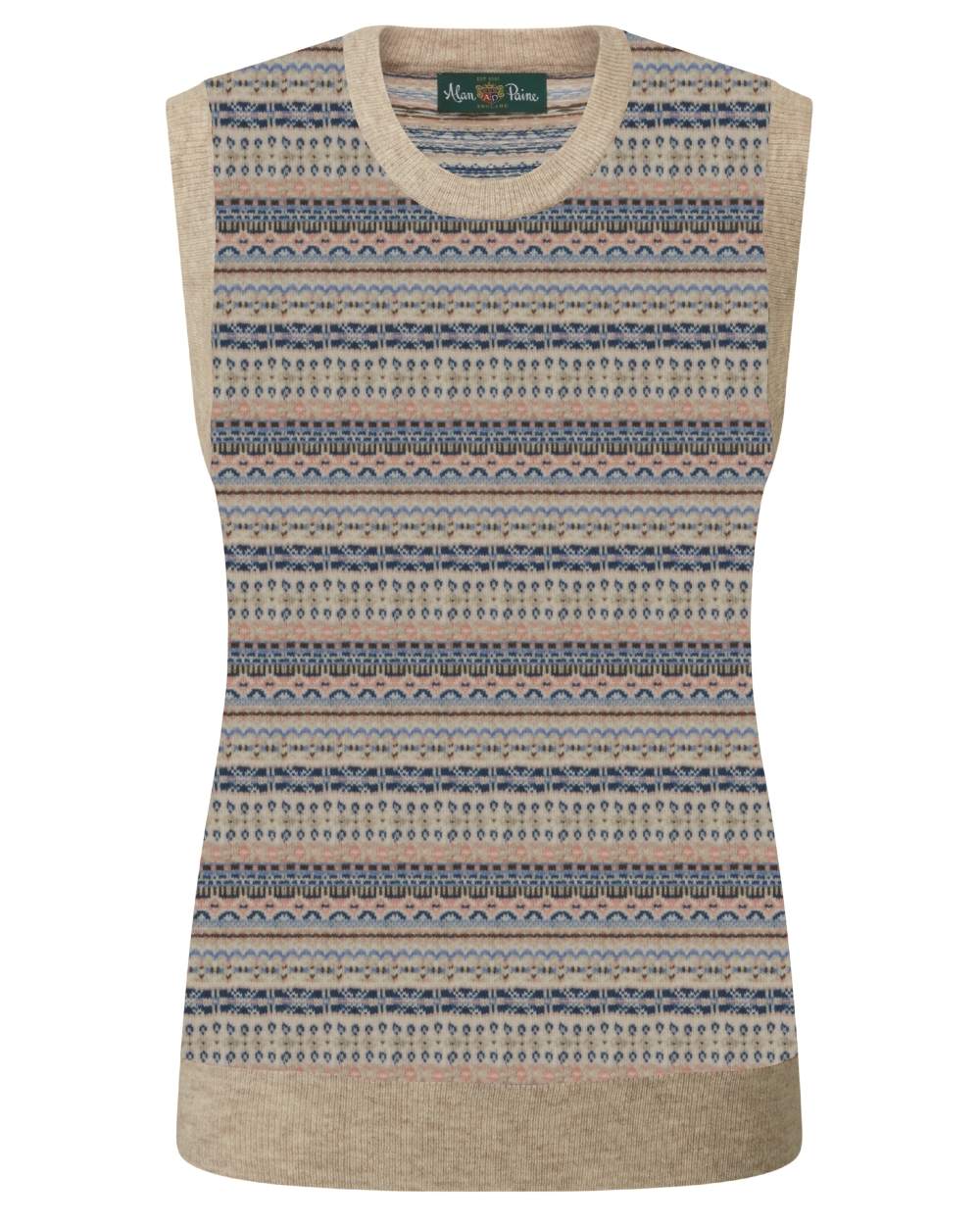 Porridge Blue coloured Alan Paine Ladies Mae Fairisle Crew Tank Jumper on white background 