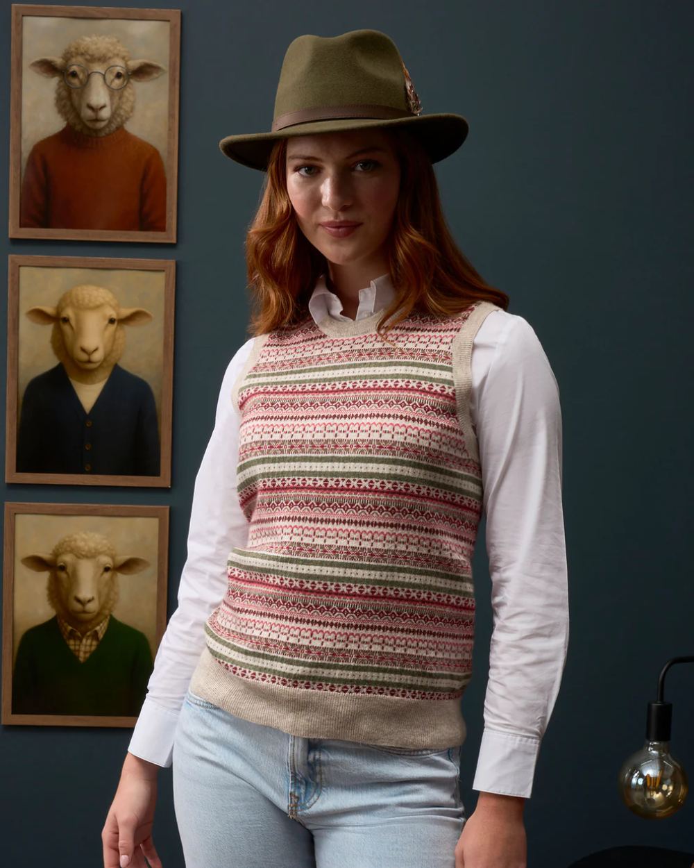 Porridge Red coloured Alan Paine Ladies Mae Fairisle Crew Tank Jumper on grey background 