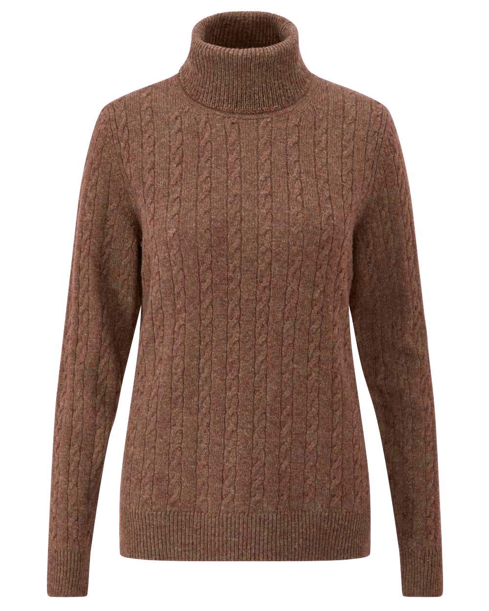 Cocoa coloured Alan Paine Ladies Rowan Cable Roll Neck Jumper on white background 