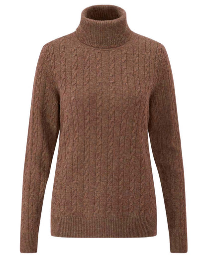 Cocoa coloured Alan Paine Ladies Rowan Cable Roll Neck Jumper on white background 