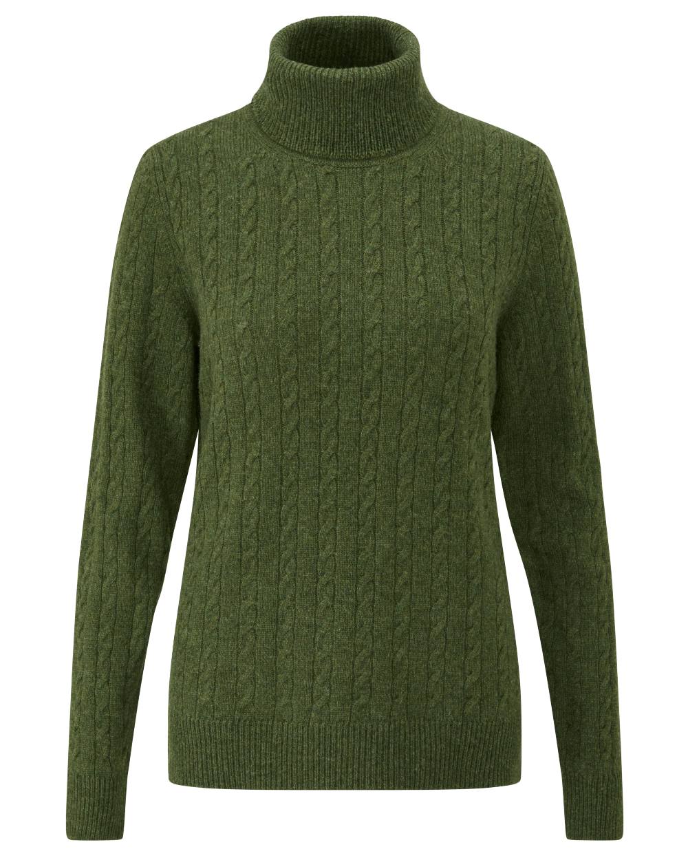 Thyme coloured Alan Paine Ladies Rowan Cable Roll Neck Jumper on white background 