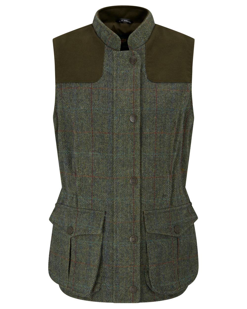 Juniper coloured Alan Paine Ladies Rutland Tweed Gilet on white background 