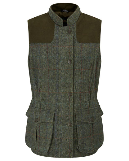 Juniper coloured Alan Paine Ladies Rutland Tweed Gilet on white background 