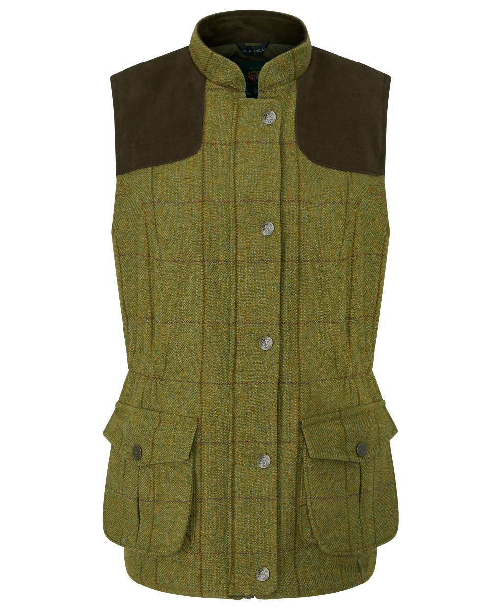 Lichen coloured Alan Paine Ladies Rutland Tweed Gilet on white background 