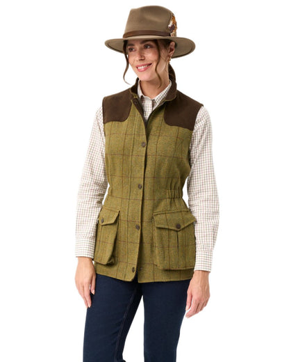 Lichen coloured Alan Paine Ladies Rutland Tweed Gilet on white background 