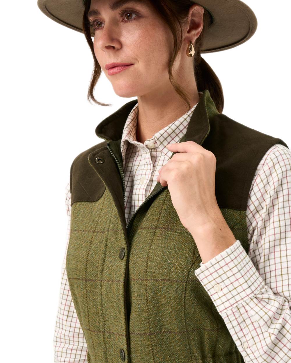 Lichen coloured Alan Paine Ladies Rutland Tweed Gilet on white background 