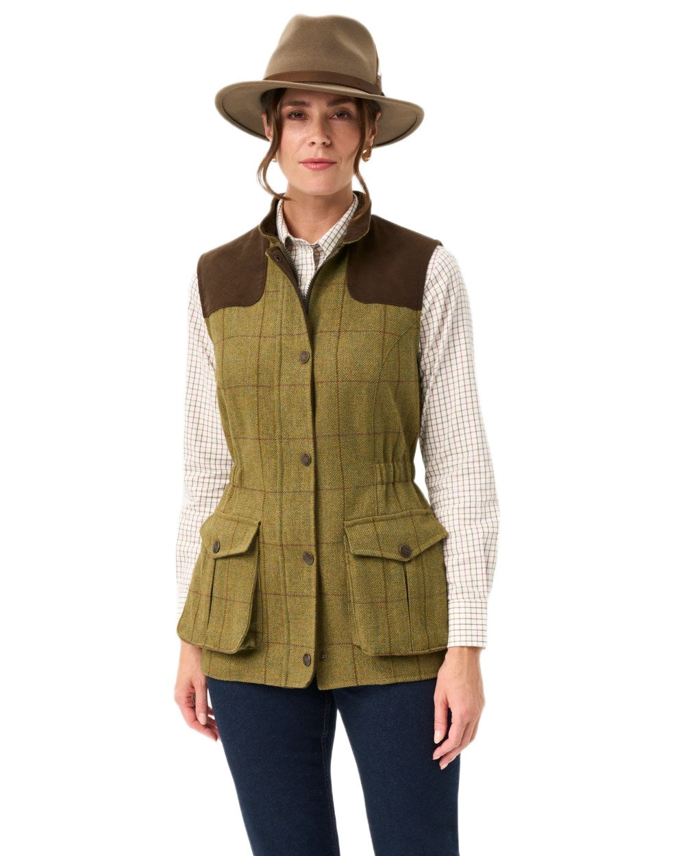 Lichen coloured Alan Paine Ladies Rutland Tweed Gilet on white background 