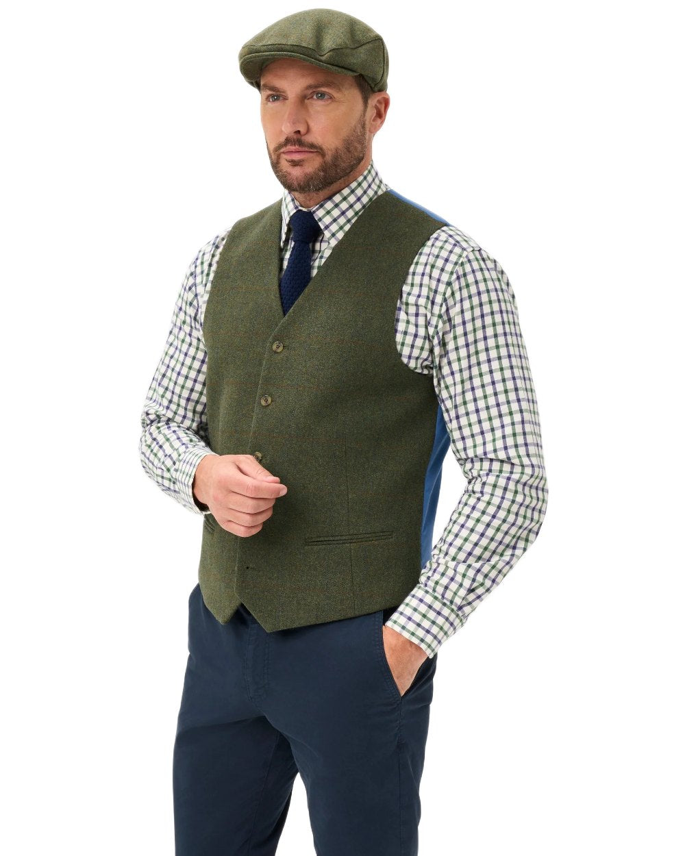 Mariner coloured Alan Paine Mens Combrook Tweed Lined Back Waistcoat on white background 