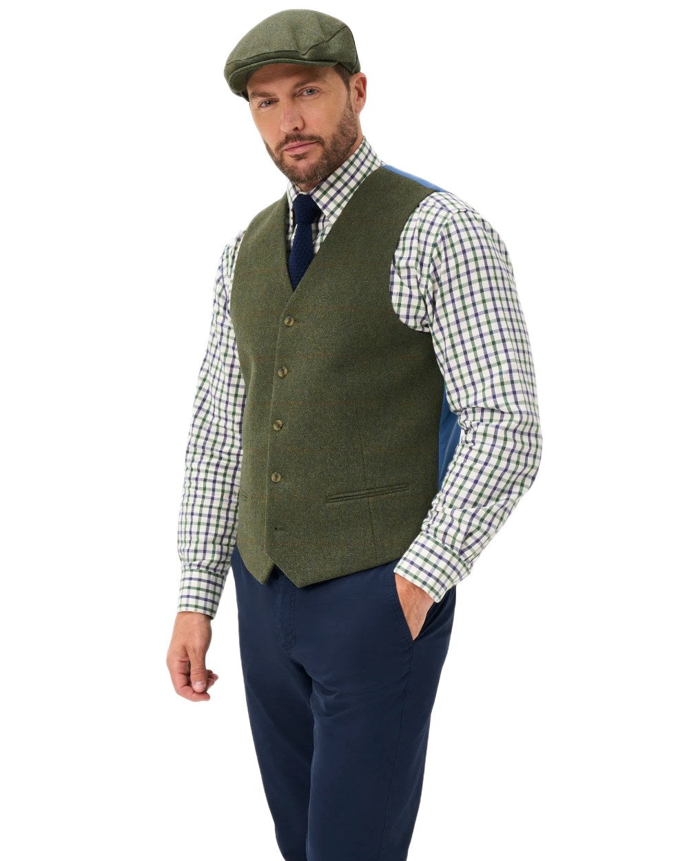 Mariner coloured Alan Paine Mens Combrook Tweed Lined Back Waistcoat on white background 