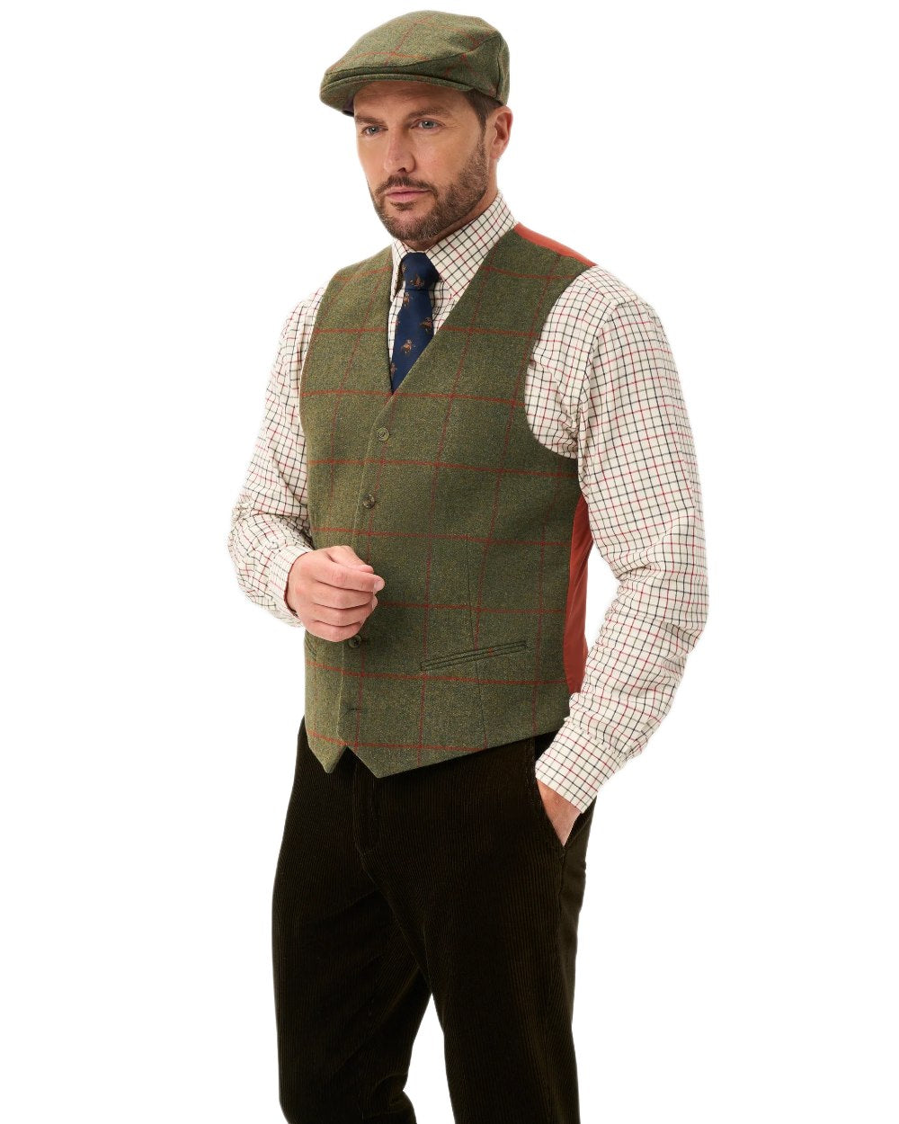 Reed coloured Alan Paine Mens Combrook Tweed Lined Back Waistcoat on white background 