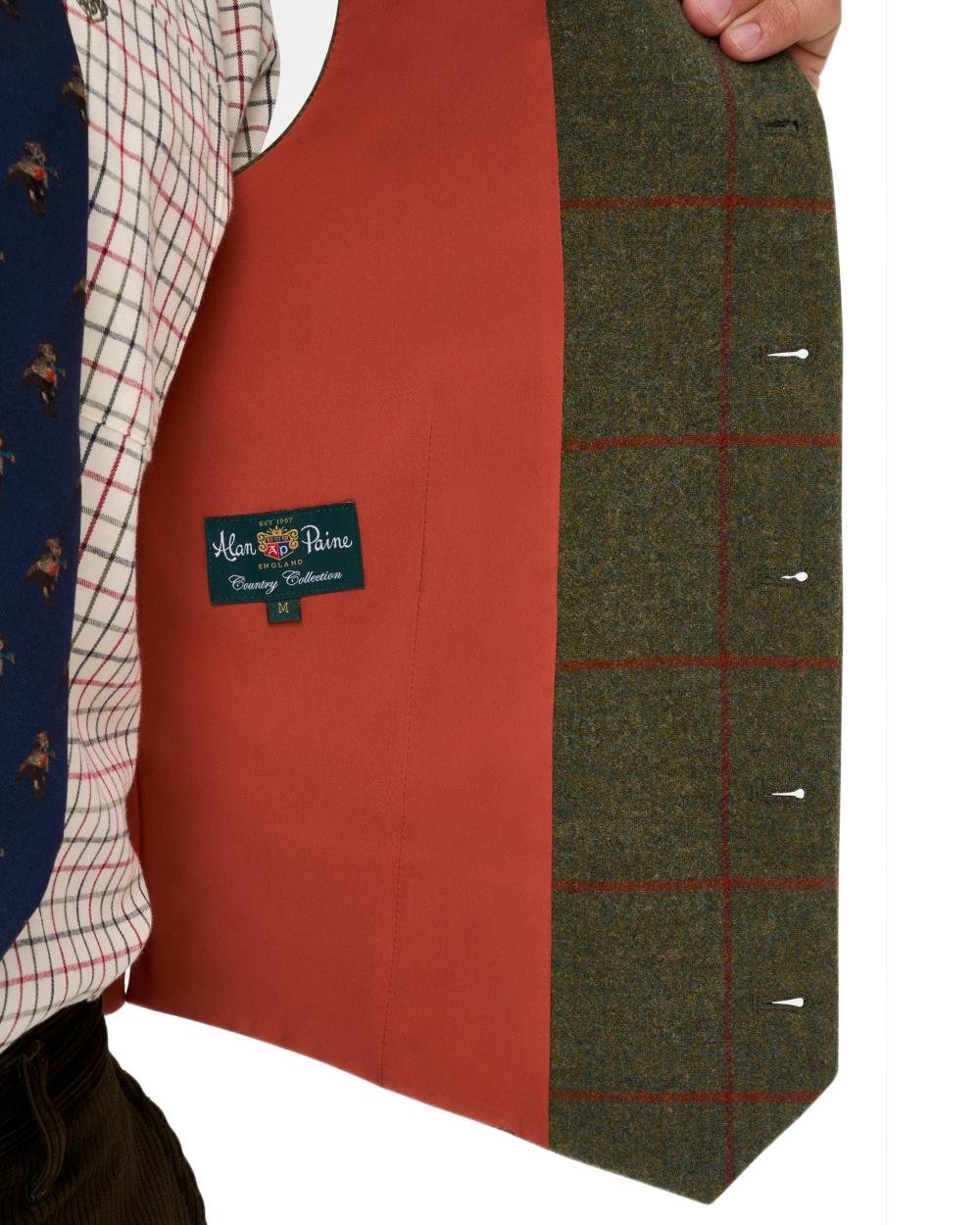 Reed coloured Alan Paine Mens Combrook Tweed Lined Back Waistcoat on white background 